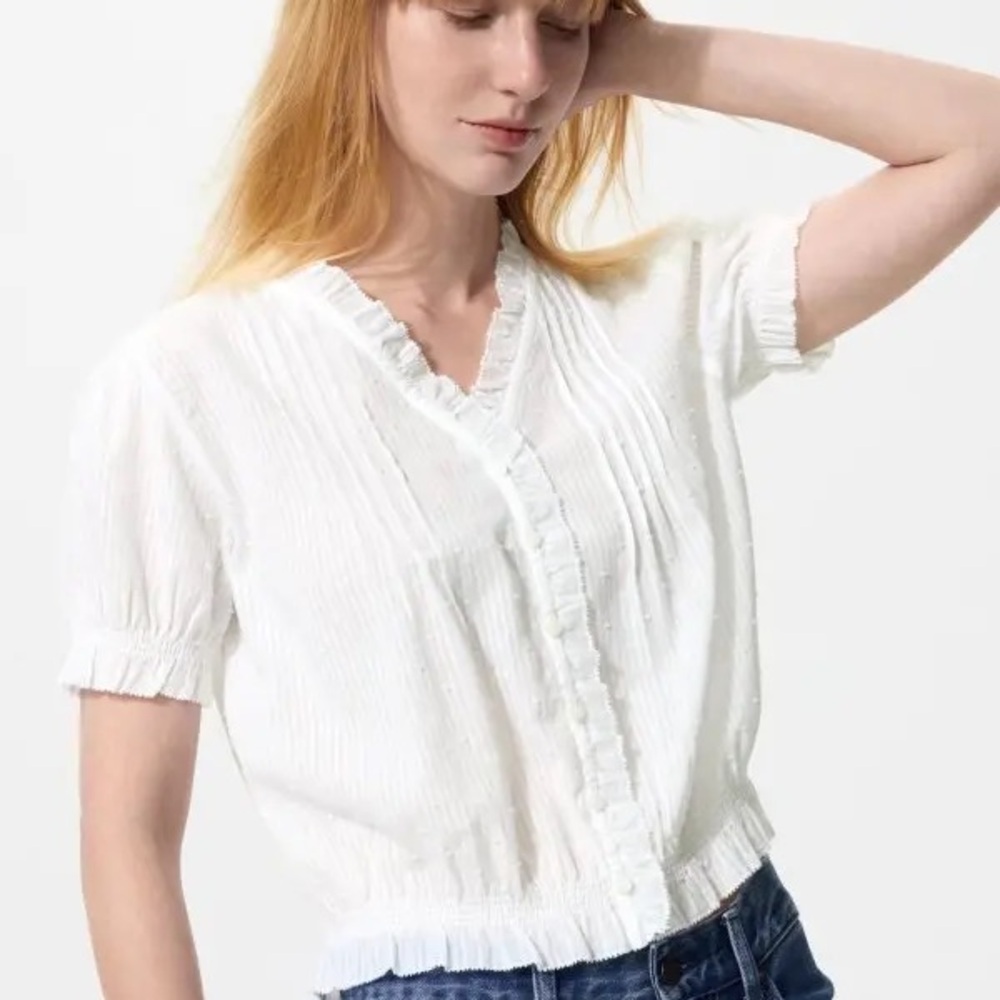 Uniqlo White Ruffle-Trim V-Neck Blouse
